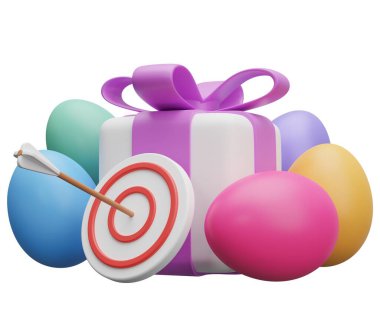 Hedef ok Paskalya hediyesi. Beyaz arkaplanda 3 boyutlu resimleme izole edildi.