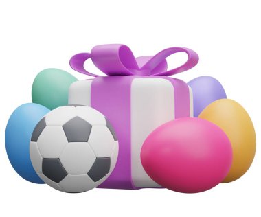 Futbol paskalya hediyesi. Beyaz arkaplanda 3 boyutlu resimleme izole edildi.