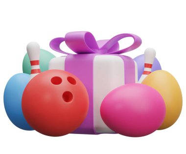 Bowling paskalya hediyesi. Beyaz arkaplanda 3 boyutlu resimleme izole edildi.