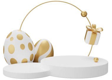 Paskalya yumurtası kaidesi. Beyaz arkaplanda 3 boyutlu resimleme izole edildi.