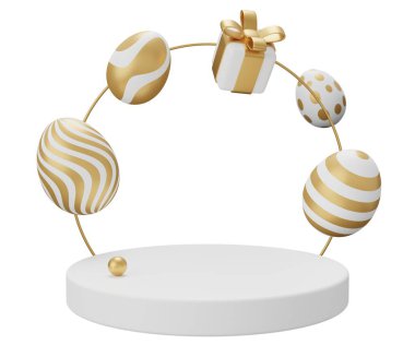 Paskalya yumurtası kaidesi. Beyaz arkaplanda 3 boyutlu resimleme izole edildi.