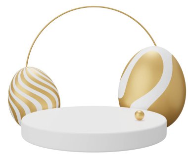 Paskalya yumurtası kaidesi. Beyaz arkaplanda 3 boyutlu resimleme izole edildi.