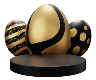 Paskalya yumurtası kaidesi. Beyaz arkaplanda 3 boyutlu resimleme izole edildi.