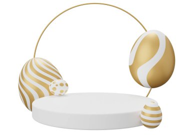 Paskalya yumurtası kaidesi. Beyaz arkaplanda 3 boyutlu resimleme izole edildi.