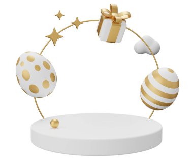 Paskalya yumurtası kaidesi. Beyaz arkaplanda 3 boyutlu resimleme izole edildi.