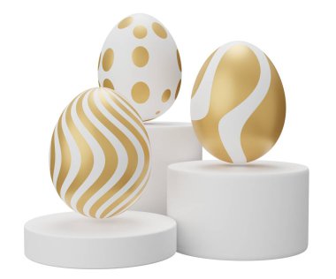 Paskalya yumurtası kaidesi. Beyaz arkaplanda 3 boyutlu resimleme izole edildi.