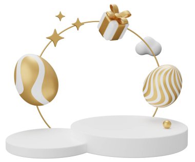 Paskalya yumurtası kaidesi. Beyaz arkaplanda 3 boyutlu resimleme izole edildi.