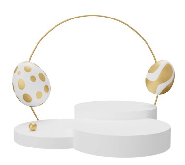 Paskalya yumurtası kaidesi. Beyaz arkaplanda 3 boyutlu resimleme izole edildi.