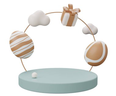 Paskalya yumurtası kaidesi. 3 boyutlu resimleme. Ürün gösterisi için Paskalya temeli sahneniz kutlu olsun..