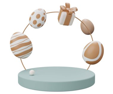 Paskalya yumurtası kaidesi. 3 boyutlu resimleme. Ürün gösterisi için Paskalya temeli sahneniz kutlu olsun..