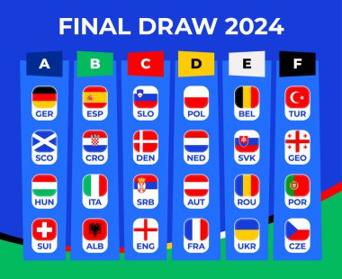 Futbol 2024 final aşaması grupları. 2024 Avrupa Futbol Şampiyonası 'nın final maçı. Bayrak ikonlu milli futbol takımları.