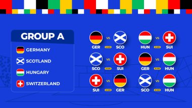Grup A Futbol Kupası 2024 karşılaşması. 2024 Futbol Şampiyonası 'nda milli takım final maçının programı. Dünya futbol maçlarının vektör illüstrasyonu.
