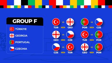 F Grubu Futbol Kupası 2024 karşılaşması. 2024 Futbol Şampiyonası 'nda milli takım final maçının programı. Dünya futbol maçlarının vektör illüstrasyonu.
