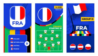 Fransa Futbol Takımı 2024 sosyal medya için dikey pankart. Futbol 2024 afişi, grup, pin bayrağı, maç takvimi ve futbol sahasında..