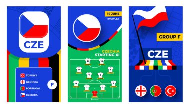 Çek Futbol Takımı 2024 sosyal medya için dikey pankart. Futbol 2024 afişi, grup, pin bayrağı, maç takvimi ve futbol sahasında..
