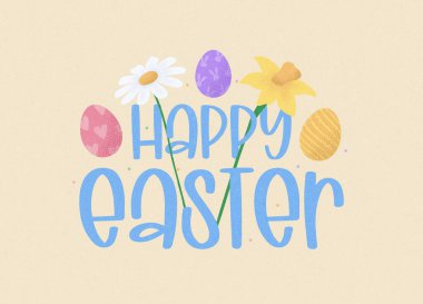 Mutlu Paskalya renkli harfler. Mutlu Paskalyalar, Yumurtalar, Bahar Çiçekleri ve çimen vektör sembolleri, logo, rozetler ve harf tasarımı.