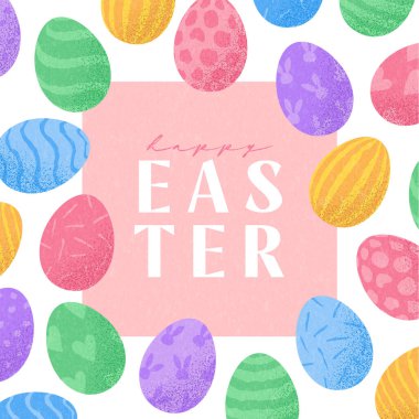 Easter egg greeting card. Colorful and hand-drawn Easter eggs are scattered around a square place for text. a vector trendy retro style perfect for seasonal cards or promotional materials. clipart