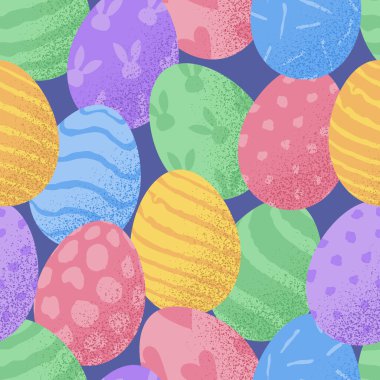 Paskalya deseni kusursuz. Paskalya 'da yumurta ve arka plan pürüzsüzdü. Paskalya kartları, afişler, tekstil ürünleri, duvar kağıtları için uygun. Vektör illüstrasyonu.