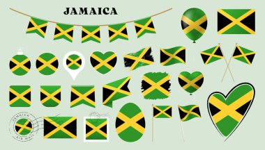 Jamaika bayrağı hazır. Kalp, kalkan, paskalya yumurtası, konum, daire, posta damgası, grunge, kare, yuvarlak ve dikdörtgen vektör çizimi gibi farklı şekillere sahip çeşitli ulusal bayrak koleksiyonu.
