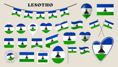 Lesotho bayrağı hazır. Kalp, kalkan, paskalya yumurtası, konum, daire, posta damgası, grunge, kare, yuvarlak ve dikdörtgen vektör çizimi gibi farklı şekillere sahip çeşitli ulusal bayrak koleksiyonu.