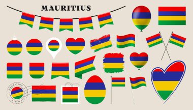 Mauritius bayrağı hazır. Kalp, kalkan, paskalya yumurtası, konum, daire, posta damgası, grunge, kare, yuvarlak ve dikdörtgen vektör çizimi gibi farklı şekillere sahip çeşitli ulusal bayrak koleksiyonu.