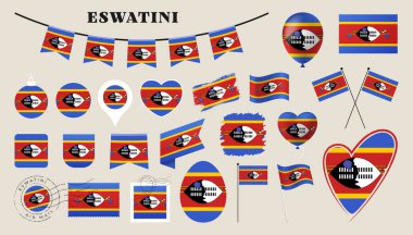 Eswatini bayrağı hazır. Kalp, kalkan, paskalya yumurtası, konum, daire, posta damgası, grunge, kare, yuvarlak ve dikdörtgen vektör çizimi gibi farklı şekillere sahip çeşitli ulusal bayrak koleksiyonu.
