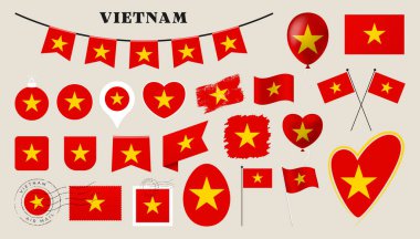Vietnam bayrağı hazır. Kalp, kalkan, paskalya yumurtası, konum, daire, posta damgası, grunge, kare, yuvarlak ve dikdörtgen vektör çizimi gibi farklı şekillere sahip çeşitli ulusal bayrak koleksiyonu.
