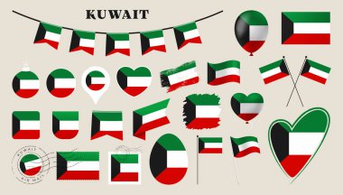 Kuveyt bayrağı hazır. Kalp, kalkan, paskalya yumurtası, konum, daire, posta damgası, grunge, kare, yuvarlak ve dikdörtgen vektör çizimi gibi farklı şekillere sahip çeşitli ulusal bayrak koleksiyonu.