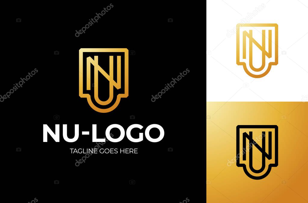 Letters NU, UN Logo Emblem Monogram. Unique creative simple fashion brands golden NU UN U N initial based letter icon logo.