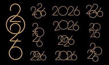 2026 Mutlu Yıllar logosu metin tasarımı seti. 2026 ve Rakamlar için Şık Altın Sayılar Tasarımı. Koleksiyon Mutlu Yıllar sembolleri. Siyah arkaplanda izole edilmiş vektör illüstrasyonu.