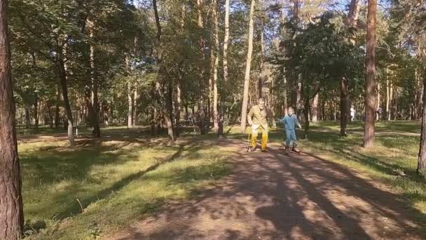 Little Girl Rollerblading Park Her Old Grandfather Holding Her Hand — Stock Video