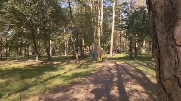 一个老爷爷拿着手杖和一个小女孩赛跑 — 图库视频影像