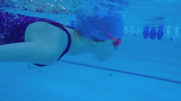 Lány Víz Alatt Úszik Medencében Lassú Mozgás Víz Alatti Ember — Stock videók