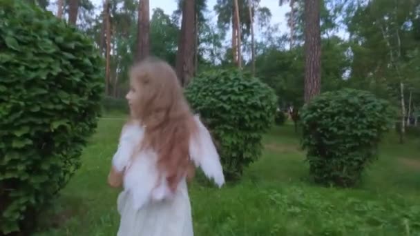 少女天使が楽しそうに走り散々イチャイチャ 彼女は木の間を走る — ストック動画