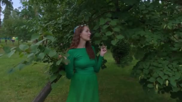 Una Mujer Vestida Entre Los Árboles Hermosa Hada Mujer Hojas — Vídeo de stock
