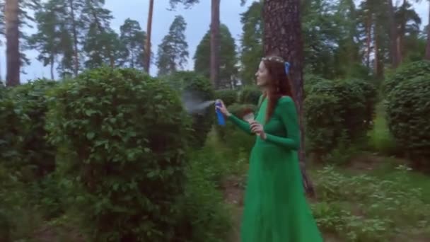 Uma Mulher Vestido Fada Pinta Árvores Com Tinta — Vídeo de Stock