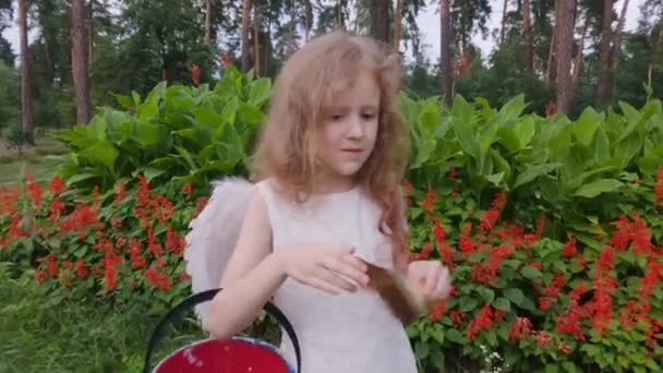 Gadis Malaikat Imut Dengan Sayap Punggungnya Tangannya Ada Seember Cat — Stok Video