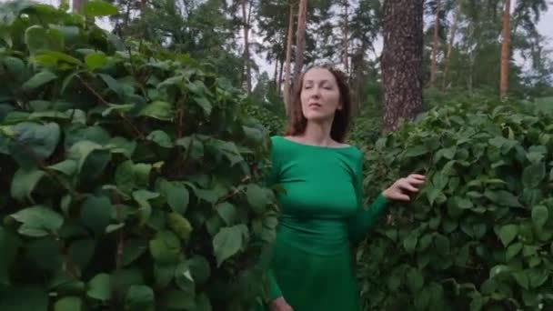 Mujer Hadas Vestido Verde Entre Los Árboles Como Jardín Hadas — Vídeo de stock