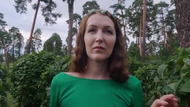 妖精の庭のように木々の間の緑のドレスの妖精の女性 — ストック動画