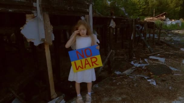 Girl Poster Her Hands Asks Protect Children Backdrop Burned Out — Stock Video