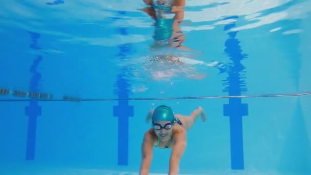 Woman Athlete Swims Underwater Pool Slow Motion Female Swimmer Pool — Stock Video