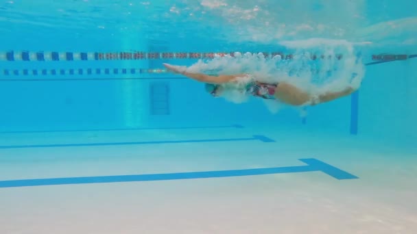Žena Sportovkyně Plave Pod Vodou Bazénu Zpomalený Pohyb Plavkyně Bazénu — Stock video