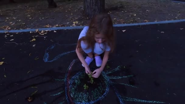 子供の少女は 道路のアスファルトを通って発芽する木の世話をする 彼女は小さな木に水を注ぎ 世話をする — ストック動画