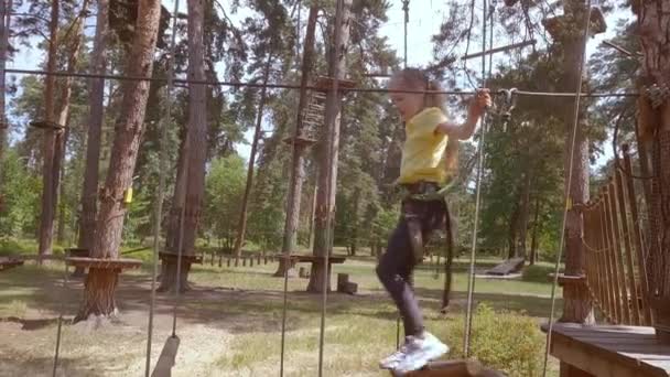 Plerden Yapılmış Orman Macera Parkında Bir Çocuk Kız Yüksek Bir — Stok video