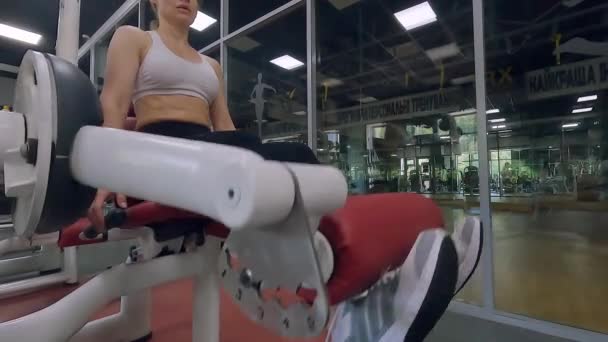 ボディービルの機械のジムの列車の女性 女性はシミュレーターに筋肉をポンプで送ります スポーツマシンの女性ボディのトレーニング — ストック動画