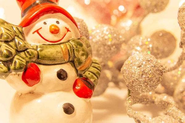 Christmas Background Porcelain Snowman Close — Stock Photo, Image