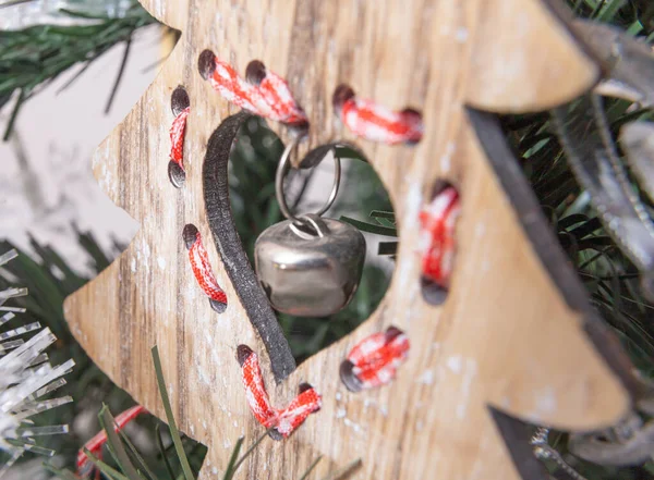 Vánoční Dekorace Slavnostní Zázemí Dřevěným Srdcem — Stock fotografie