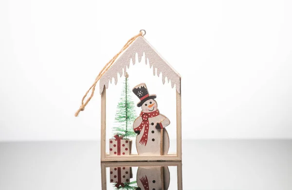 Christmas Decoration Snowman Tree Wooden House Glass — Stock Photo, Image