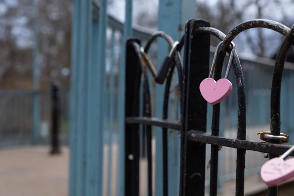 pink padlock in the shape of a heart locked on a fence.