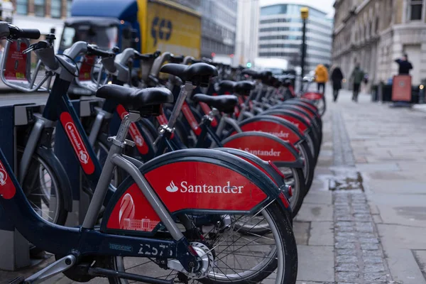 stock image London,United KIngdoms January 16 2023:Santander rental bikes for hire in London. These cycles can be rented at a series of locations around the city.